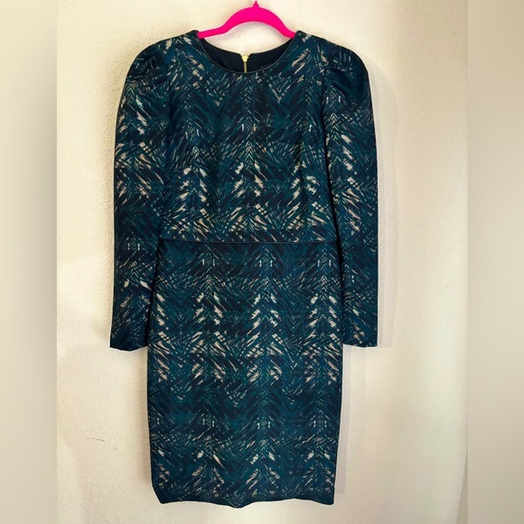 Donna Karan New York Dark Green Abstract Scuba Knit Leather Trim Sheath Dress 4 - Picture 1 of 13